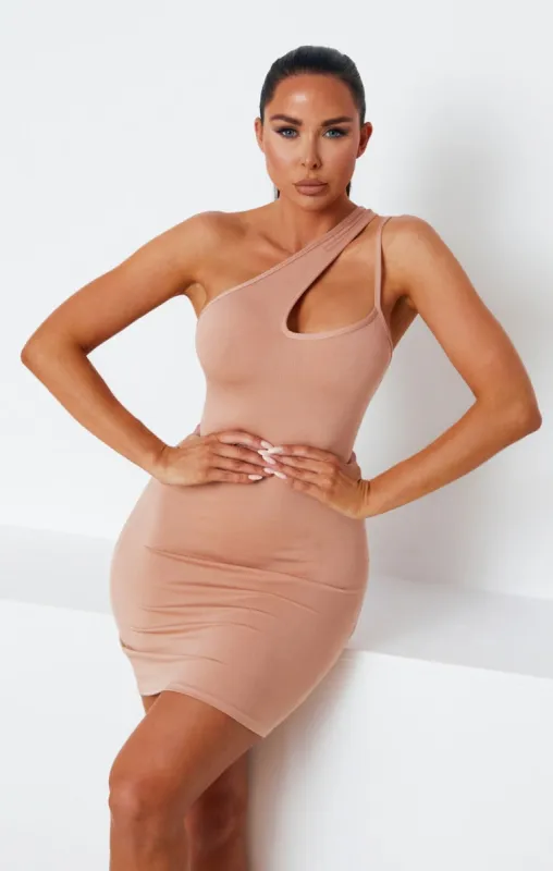 Camel Asymmetric One Shoulder Strappy Ribbed Mini Dress - Alianna sold by Femme Luxe