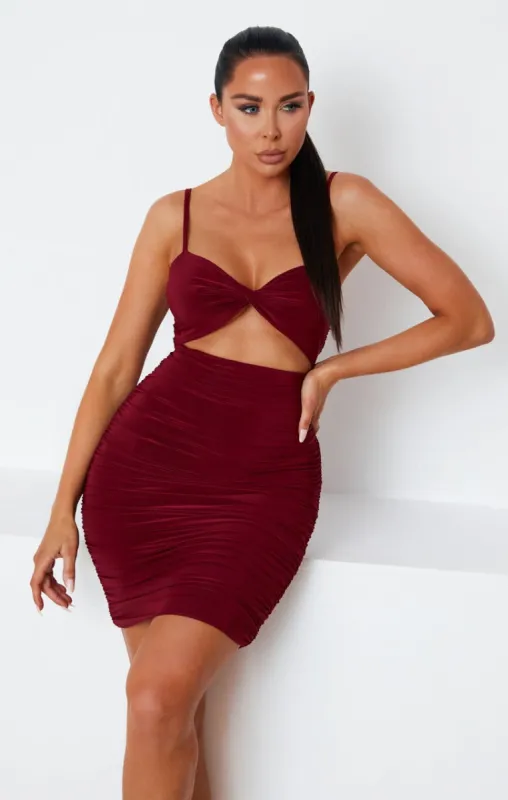 Wine Slinky Ruched Cut Out Strappy Bodycon Mini Dress - Mina sold by Femme Luxe