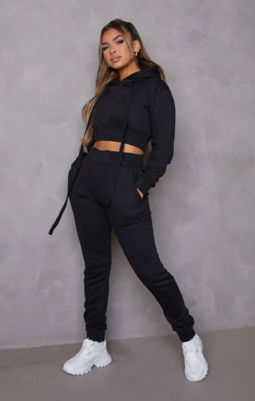 Black Long Sleeve Crop Hoodie High Waisted Joggers Shirred Detail Fleece Loungewear Set - Costella sold by Femme Luxe