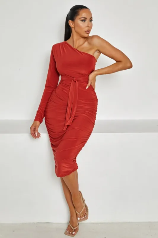 Rust One Shoulder Ruched Slinky Midi Dress - Savannah made by Femme Luxe