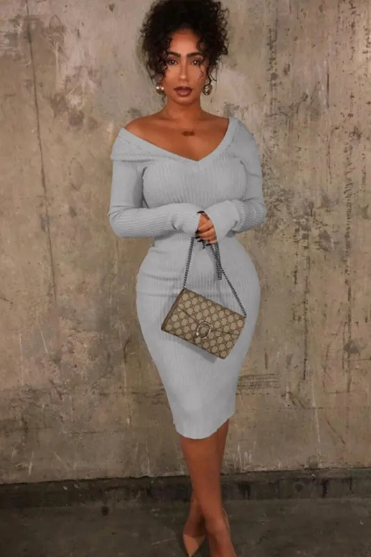 Grey Ribbed V Neck Midi Jumper Dress - Ivy sold by Femme Luxe
