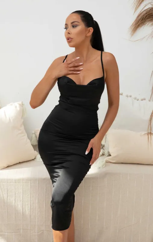 Black Satin Strappy Tie Detail Bodycon Midi Dress - Zyra sold by Femme Luxe