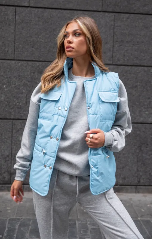 Light Blue High Neck Sleeveless Popper Front Pocket Detail Padded Gilet - Tinley sold by Femme Luxe