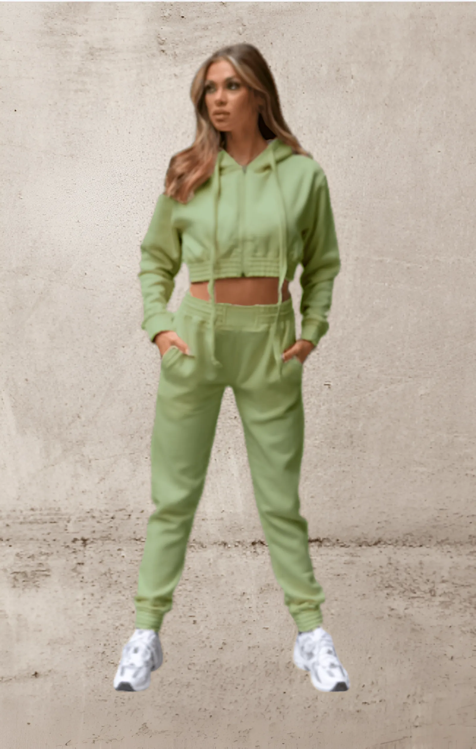Sage Cropped Zip Front Elasticated Hem Hoodie And High Waisted Jogger Loungewear Set - Addisyn sold by Femme Luxe product image thumbnail 2
