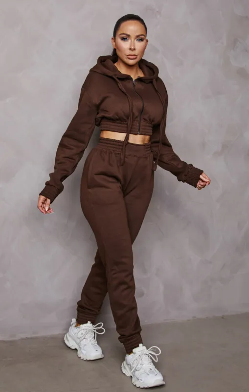 Chocolate Cropped Zip Front Elasticated Hem Hoodie And High Waisted Jogger Loungewear Set - Addisyn sold by Femme Luxe