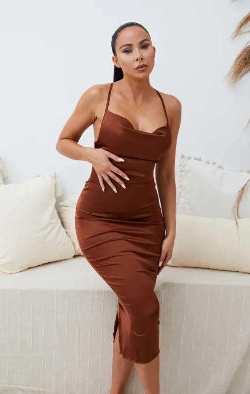 Chocolate Satin Strappy Tie Detail Bodycon Midi Dress - Zyra sold by Femme Luxe