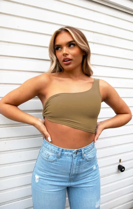 Camel Slinky One Shoulder Knot Front Crop Top - Kimia sold by Femme Luxe