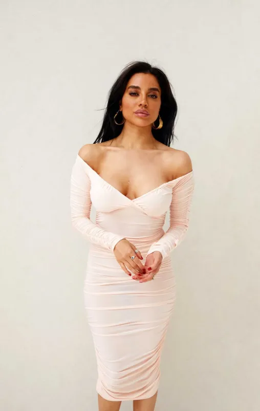 Nude Ruched Bardot Long Sleeve Bodycon Mini Dress - Mindy sold by Femme Luxe