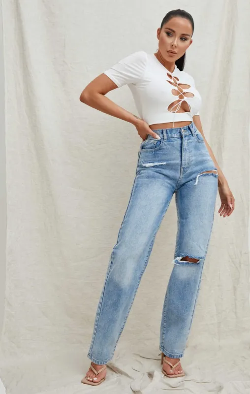 Blue Light Wash High Waisted Ripped Straight Leg Jeans - Eyana sold by Femme Luxe