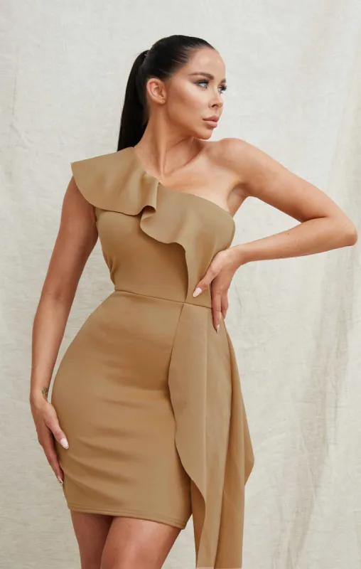 Mocha One Shoulder Bodycon Mini Dress - Livia sold by Femme Luxe