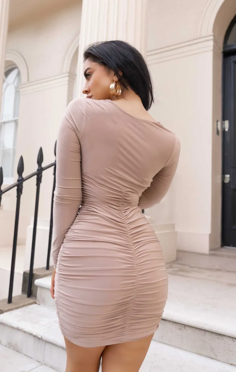 Mocha Slinky Ruched Long Sleeve Sweetheart Bodycon Mini Dress - Enid sold by Femme Luxe product image thumbnail 3