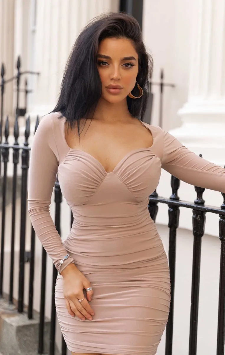 Mocha Slinky Ruched Long Sleeve Sweetheart Bodycon Mini Dress - Enid sold by Femme Luxe