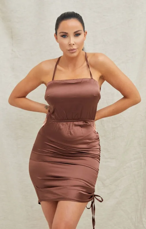Brown Satin Ruched Cross Over Back Strappy Bodycon Mini Dress - Bieti sold by Femme Luxe