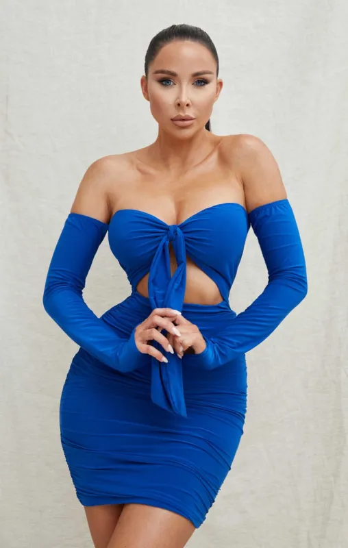 Royal Blue Slinky Ruched Bardot Long Sleeve Cut Out Tie Front  Bodycon Mini Dress - Zion sold by Femme Luxe