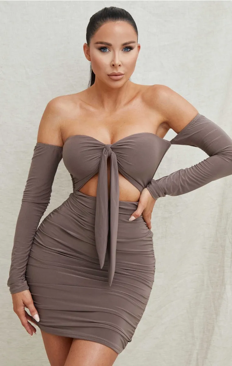 Mocha Slinky Ruched Bardot Long Sleeve Cut Out Tie Front Bodycon Mini Dress - Zion sold by Femme Luxe product image thumbnail 3