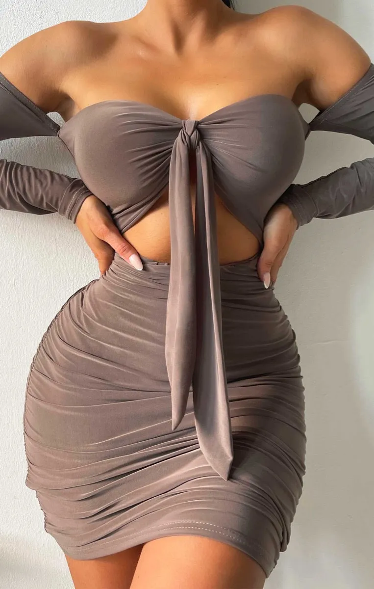 Mocha Slinky Ruched Bardot Long Sleeve Cut Out Tie Front Bodycon Mini Dress - Zion sold by Femme Luxe product image thumbnail 2