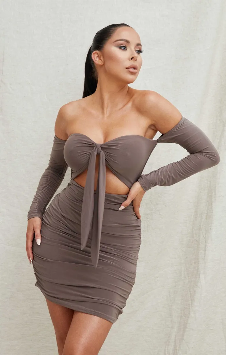 Mocha Slinky Ruched Bardot Long Sleeve Cut Out Tie Front Bodycon Mini Dress - Zion sold by Femme Luxe product image thumbnail 4