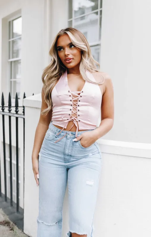 Rose Halterneck Lace Up Crop Top - Lulu sold by Femme Luxe