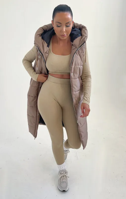 Stone Sleeveless Longline Midi Zip Up Hooded Puffer Gilet - Terri sold by Femme Luxe