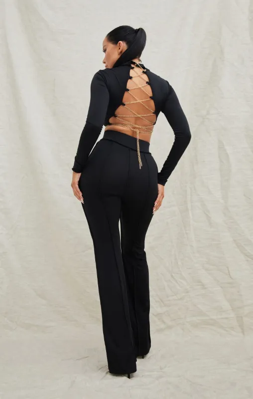 Black High Neck Long Sleeve Crop Top High Waisted Trousers Seam Detail Co-ord - Selah sold by Femme Luxe