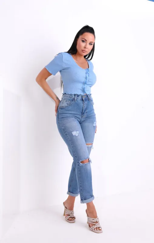 Blue Mid Wash High Waisted Ripped Distressed Turn Up Mom Jeans - Janey sold by Femme Luxe