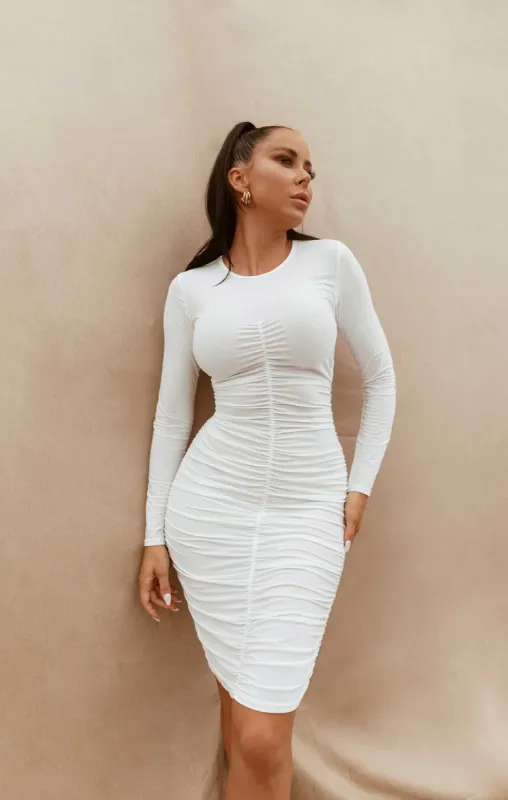 Cream Slinky Ruched Long Sleeve Round Neck Bodycon Mini Dress - Dana sold by Femme Luxe