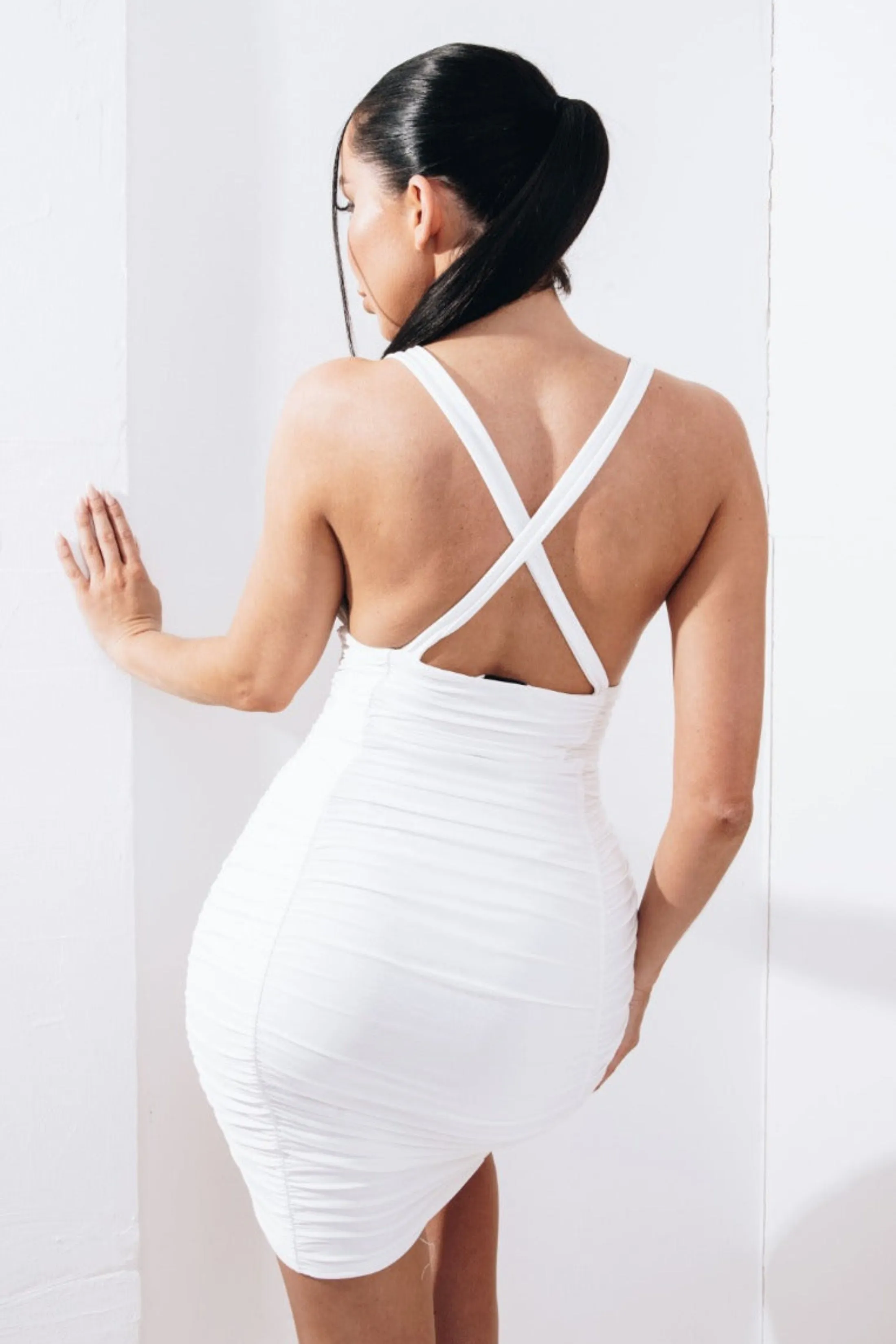White Slinky Ruched Plunge Bodycon Mini Dress - Azaria sold by Femme Luxe product image thumbnail 3