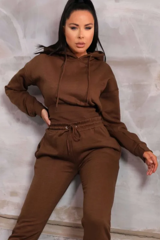 Chocolate Long Sleeve Cropped Fleece Hoodie & Cuffed Joggers Loungewear Set - Layla sold by Femme Luxe