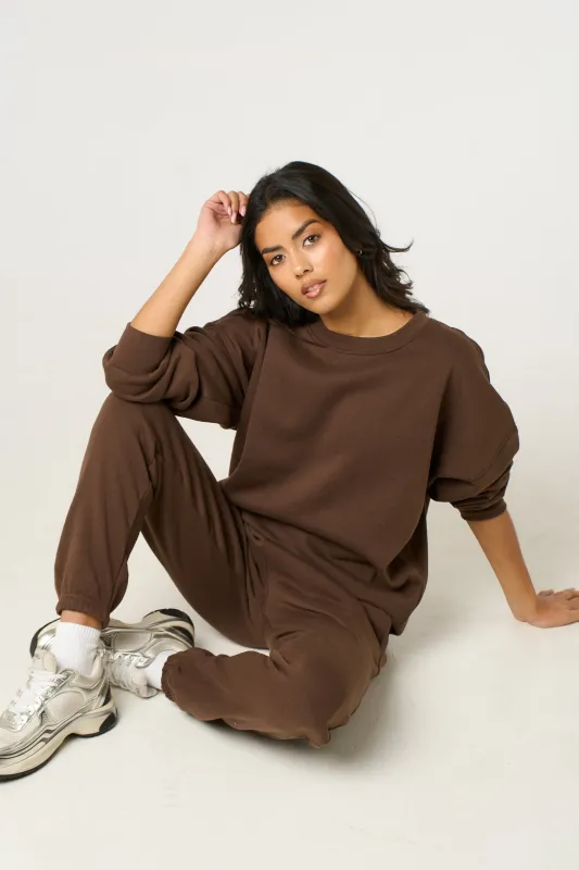 Chocolate Oversized Crew Neck Sweatshirt Cuffed Joggers Loungewear Set - Averi made by Femme Luxe