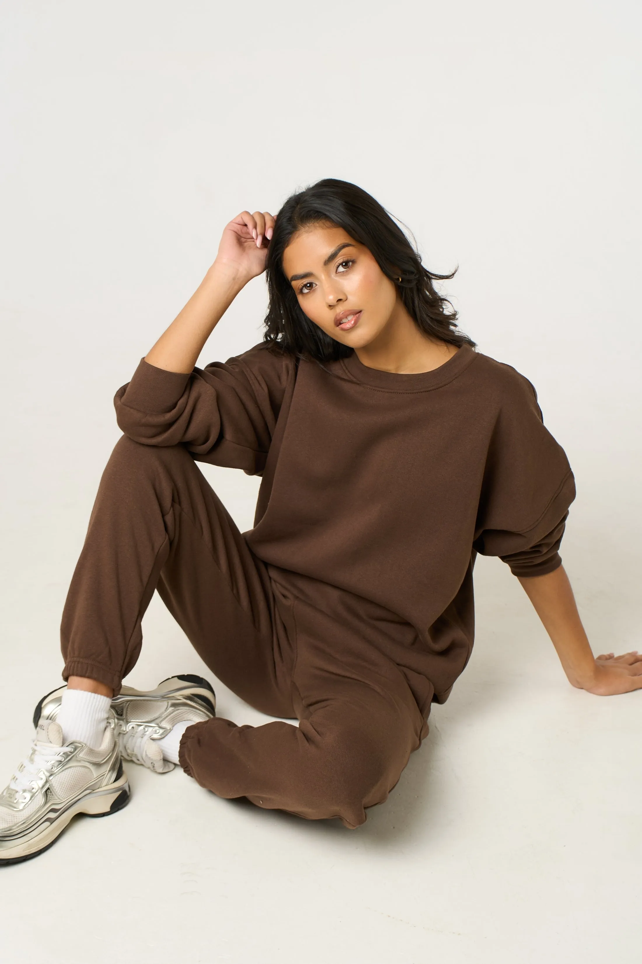 Chocolate Oversized Crew Neck Sweatshirt Cuffed Joggers Loungewear Set - Averi sold by Femme Luxe