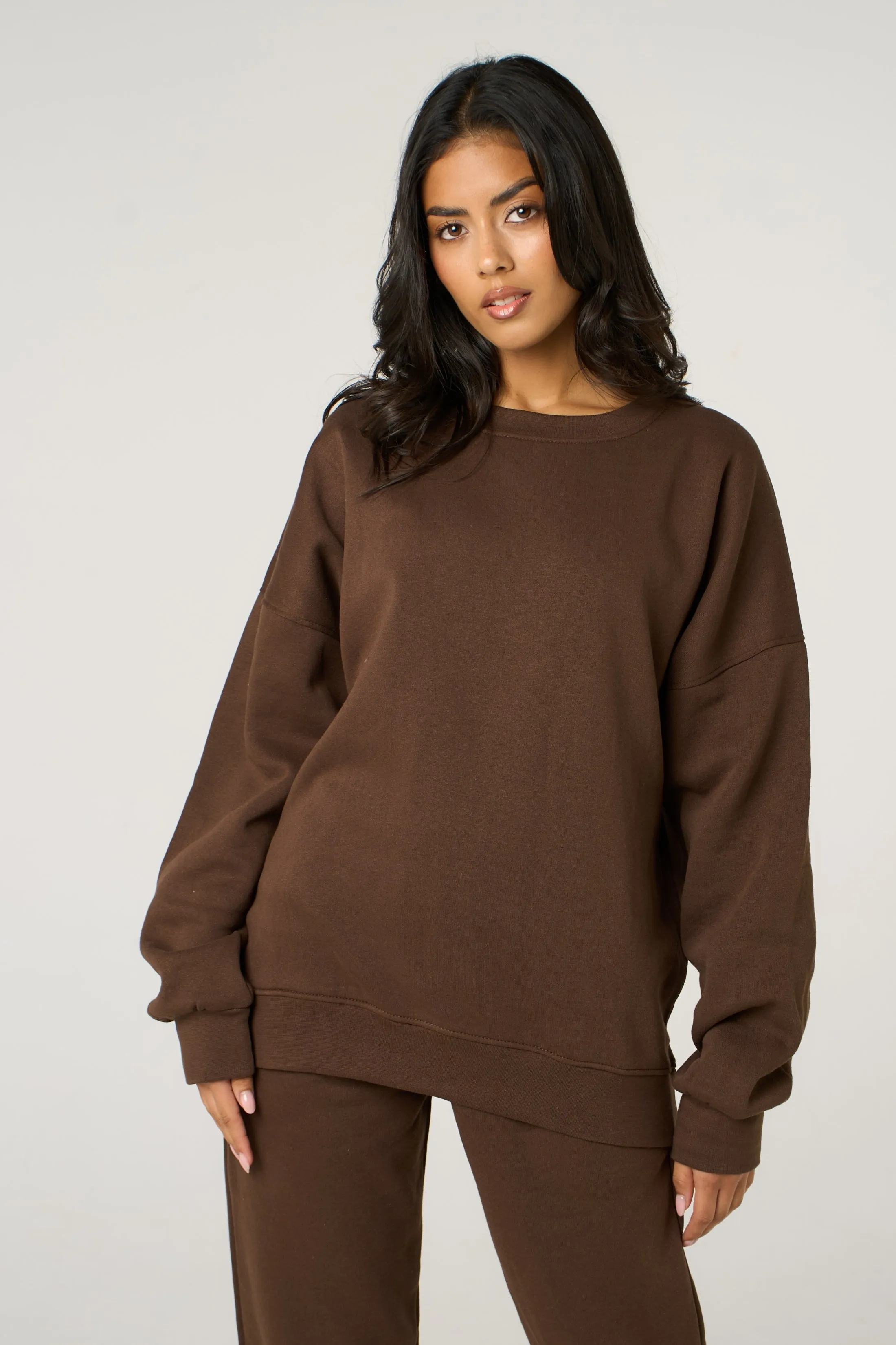 Chocolate Oversized Crew Neck Sweatshirt Cuffed Joggers Loungewear Set - Averi sold by Femme Luxe product image thumbnail 2