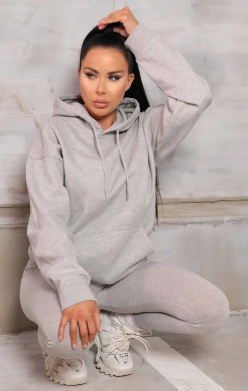Grey Marl Oversized Long Sleeve Front Pocket Drawstring Fleece Hoodie - Stella sold by Femme Luxe