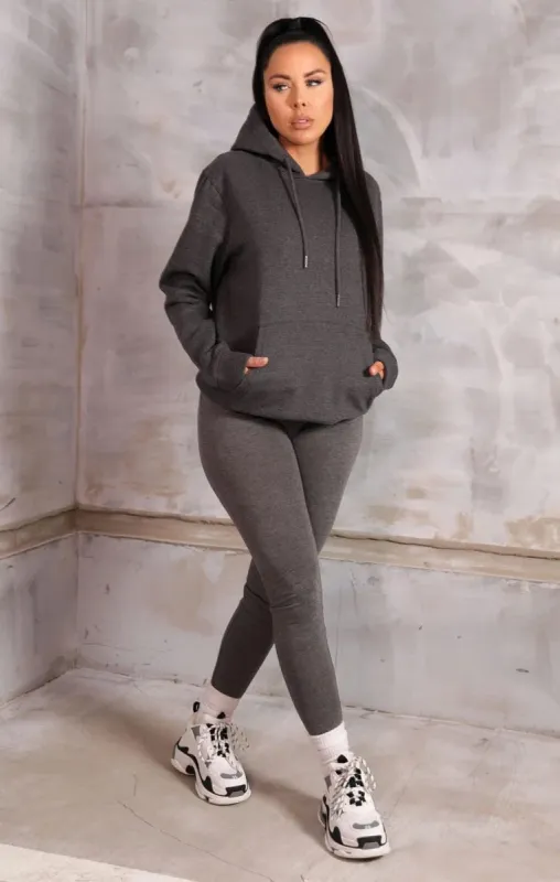 Charcoal Oversized Long Sleeve Front Pocket Drawstring Fleece Hoodie - Stella sold by Femme Luxe