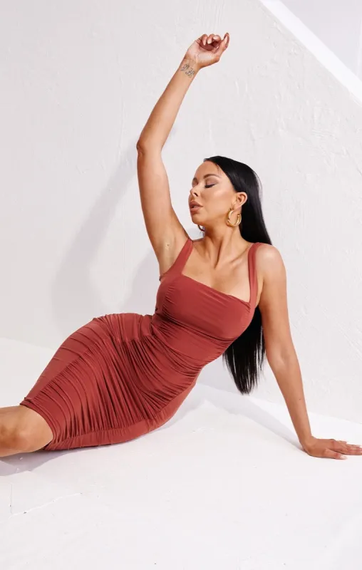 Rust Square Neck Ruched Thick Strap Bodycon Midi Dress - Bryony sold by Femme Luxe