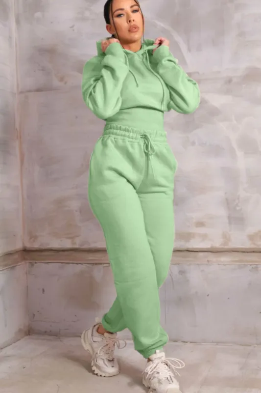Sage Long Sleeve Cropped Fleece Hoodie & Cuffed Joggers Loungewear Set - Layla sold by Femme Luxe