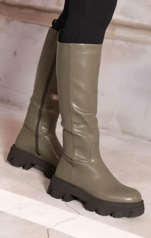 Khaki PU Faux Leather Chunky Platform Zip Up Knee High Biker Boots - Vada sold by Femme Luxe