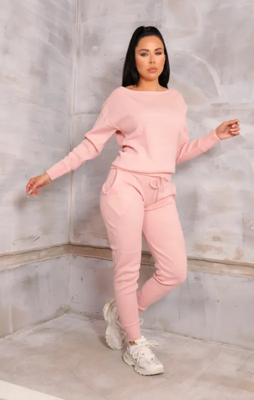 Pink Off The Shoulder Jumper & Drawstring High Waisted Joggers Knitted Loungewear Set - Christina sold by Femme Luxe