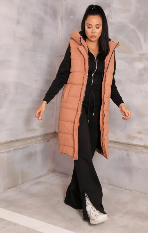 Tan Sleeveless Longline Midi Zip Up Hooded Puffer Gilet - Terri sold by Femme Luxe