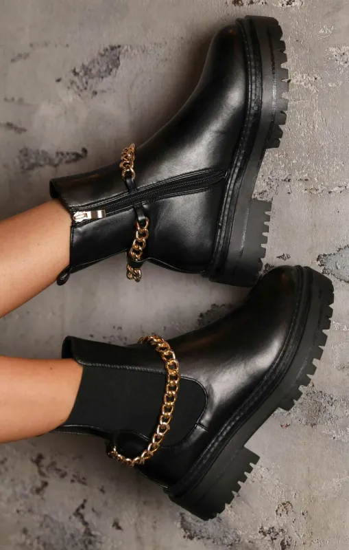 Black PU Faux Leather Chain Detail Chunky Platform Chelsea Ankle Boots - Gaia sold by Femme Luxe
