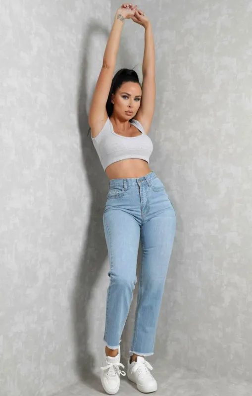 Blue Light Wash High Waisted Frayed Hem Straight Leg Denim Jeans - Odette sold by Femme Luxe