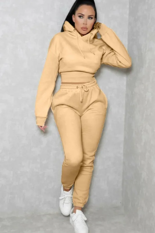 Nude Long Sleeve Cropped Fleece Hoodie & Cuffed Joggers Loungewear Set - Layla sold by Femme Luxe