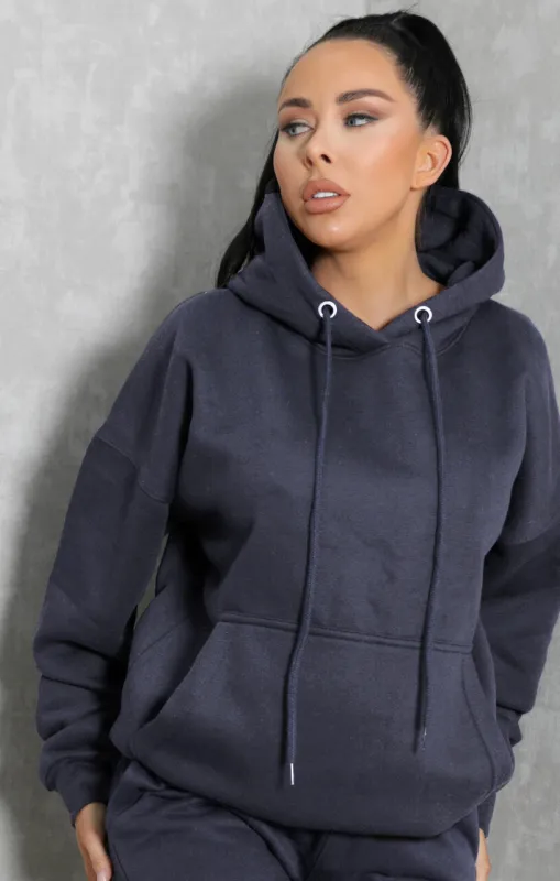 Navy Oversized Drawstring Pocket Casual Hoodie - Ella sold by Femme Luxe