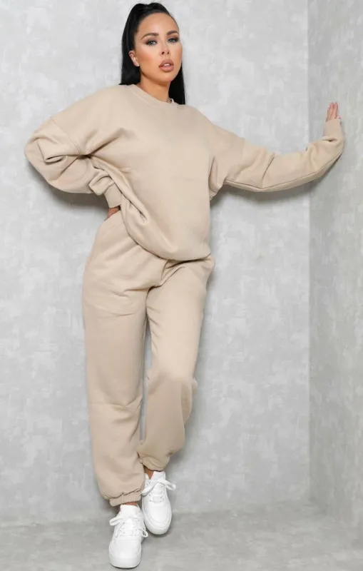 Stone Oversized Crew Neck Sweatshirt Cuffed Joggers Loungewear Set - Averi sold by Femme Luxe