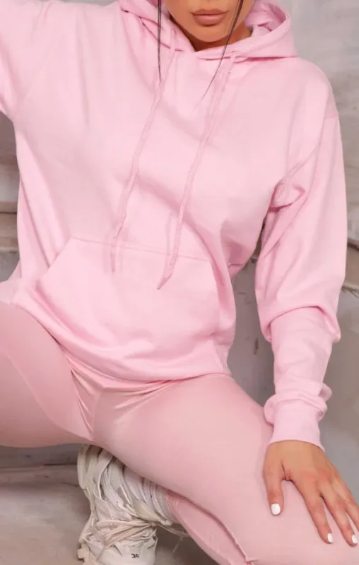 Light Pink OVERSIZED LONG SLEEVE FRONT POCKET DRAWSTRING FLEECE HOODIE - STELLA sold by Femme Luxe