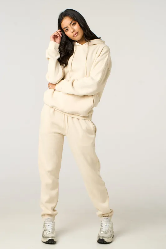 Cream Oversized Front Pocket Pullover Hoodie Cuffed Joggers Loungewear Set - Alexia sold by Femme Luxe