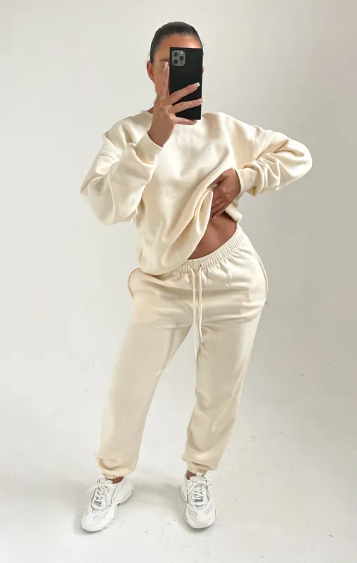 Cream Oversized Crew Neck Sweatshirt Cuffed Joggers Loungewear Set - Averi sold by Femme Luxe