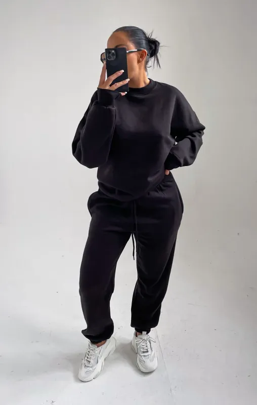 Black Oversized Crew Neck Sweatshirt Cuffed Joggers Loungewear Set - Averi sold by Femme Luxe