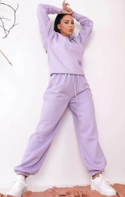 Lilac Oversized Crew Neck Sweatshirt Cuffed Joggers Loungewear Set - Averi sold by Femme Luxe