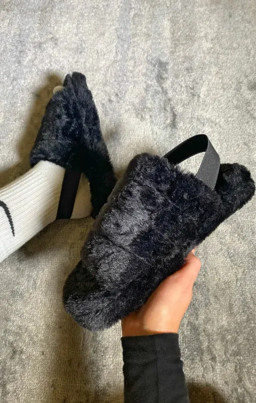 Black Fluffy Faux Fur Elasticated Back Flatform Slippers - Amara made by Femme Luxe