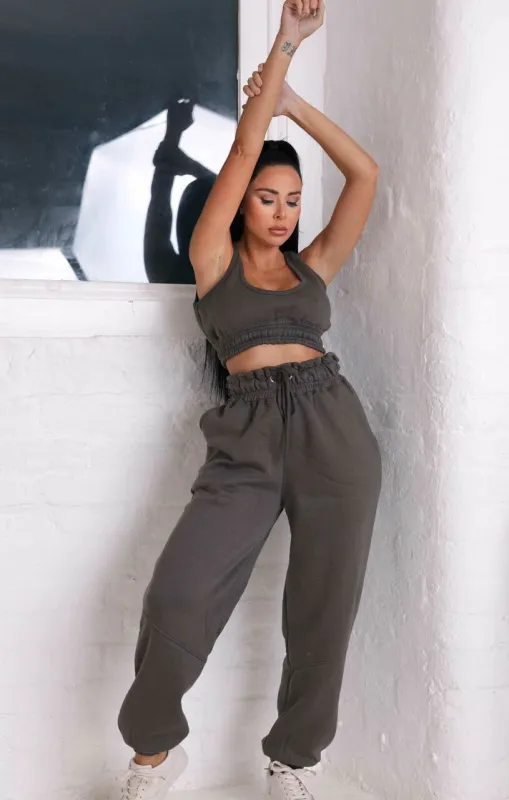 Charcoal Oversized Sleeveless Crop Top & Drawstring Waist Joggers Co-ord - Alisha sold by Femme Luxe